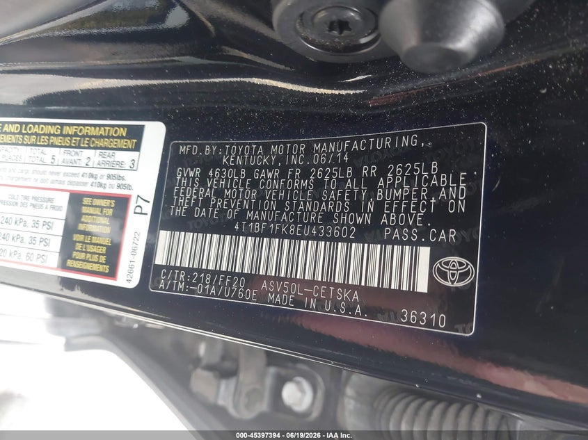 2014 Toyota Camry VIN 4T1BF1FK8EU433602 IAAI salvage auction — FRONT & REAR, Salvage (California), sold $1,900 on 2026-07-09 (photo 9)