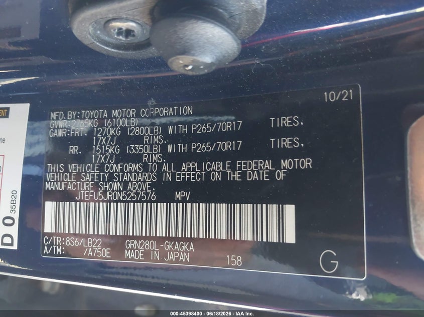 2022 Toyota 4runner VIN JTEFU5JR0N5257576 IAAI salvage auction — LEFT REAR, Salvage (California), sold $12,575 on 2026-07-28 (photo 9)