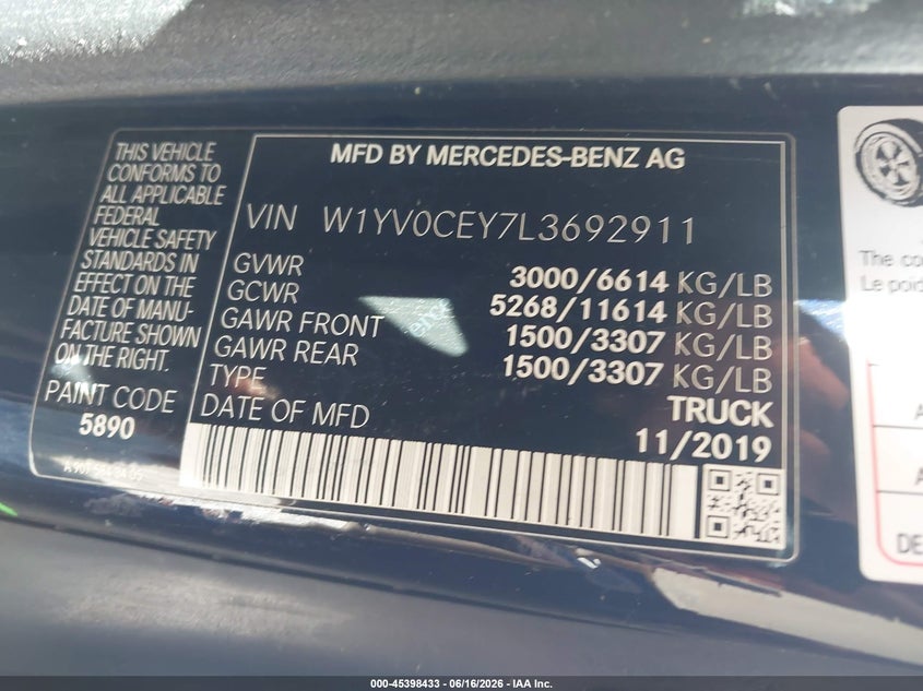 2020 Mercedes-benz Metris VIN W1YV0CEY7L3692911 IAAI salvage auction — FRONT END, Mv-907A (New York), sold $7,600 on 2026-07-29 (photo 9)