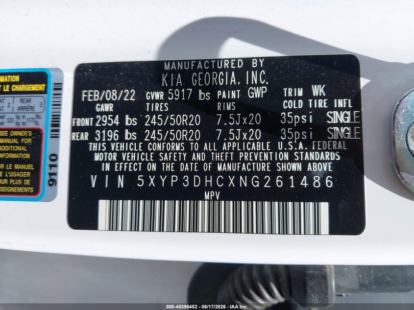 2022 Kia Telluride VIN 5XYP3DHCXNG261486 IAAI salvage auction — FRONT END, Mv-907A (New York), sold $9,975 on 2026-07-28 (photo 9)