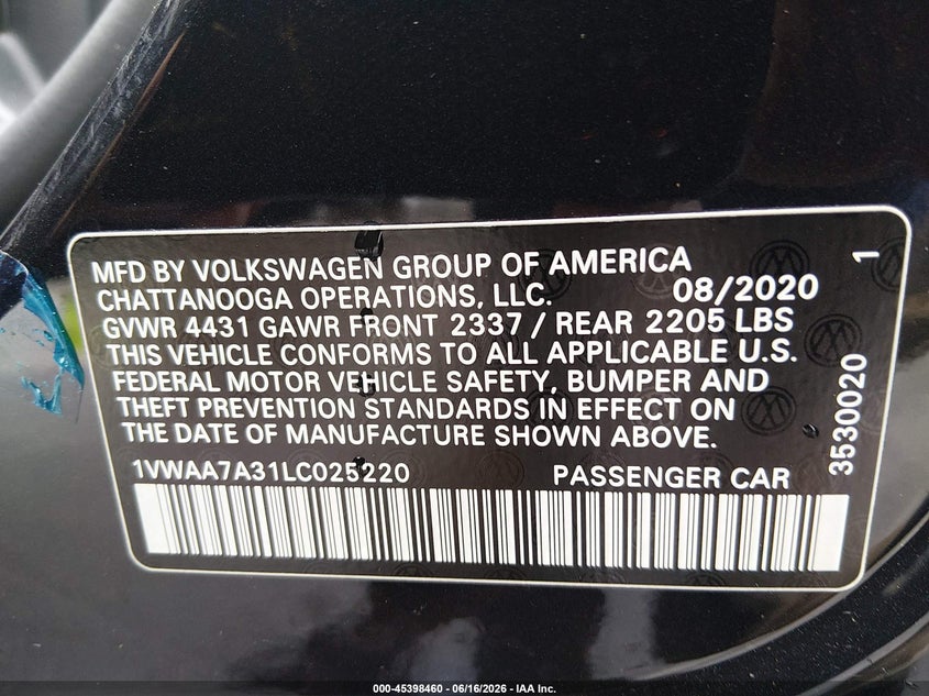 2020 Volkswagen Passat VIN 1VWAA7A31LC025220 IAAI salvage auction — FRONT END, Salvage (North Carolina), sold $5,300 on 2026-07-09 (photo 9)