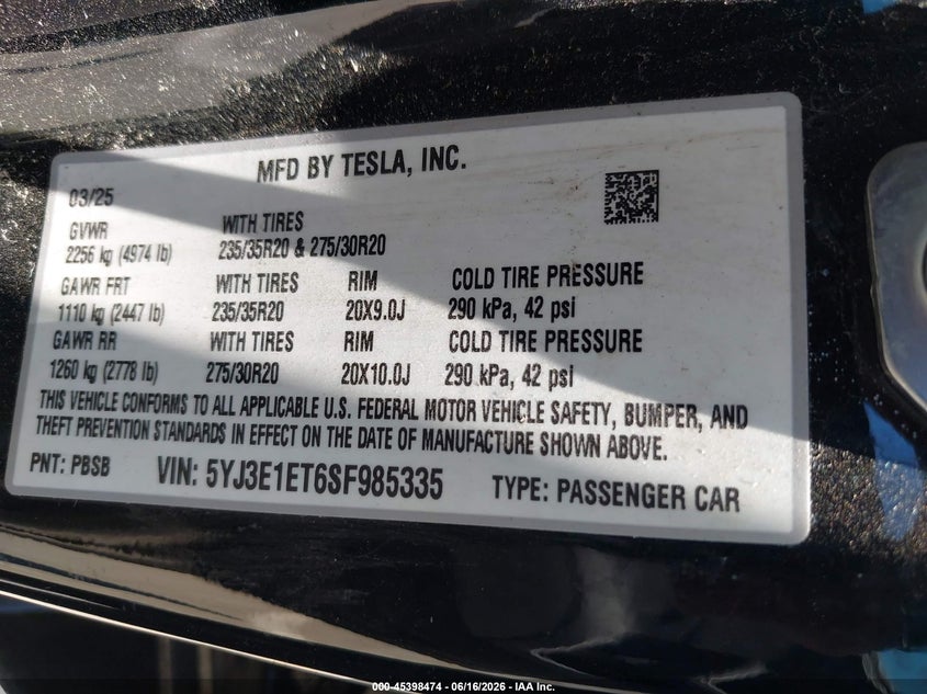 2025 Tesla Model 3 VIN 5YJ3E1ET6SF985335 IAAI salvage auction — LEFT FRONT, Salvage Title, sold $10,600 on 2026-07-21 (photo 9)