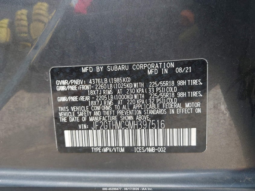 2021 Subaru VIN JF2GTHMC9MH397516 IAAI salvage auction — REAR END, Salvage (Pennsylvania), sold $6,500 on 2026-07-17 (photo 9)