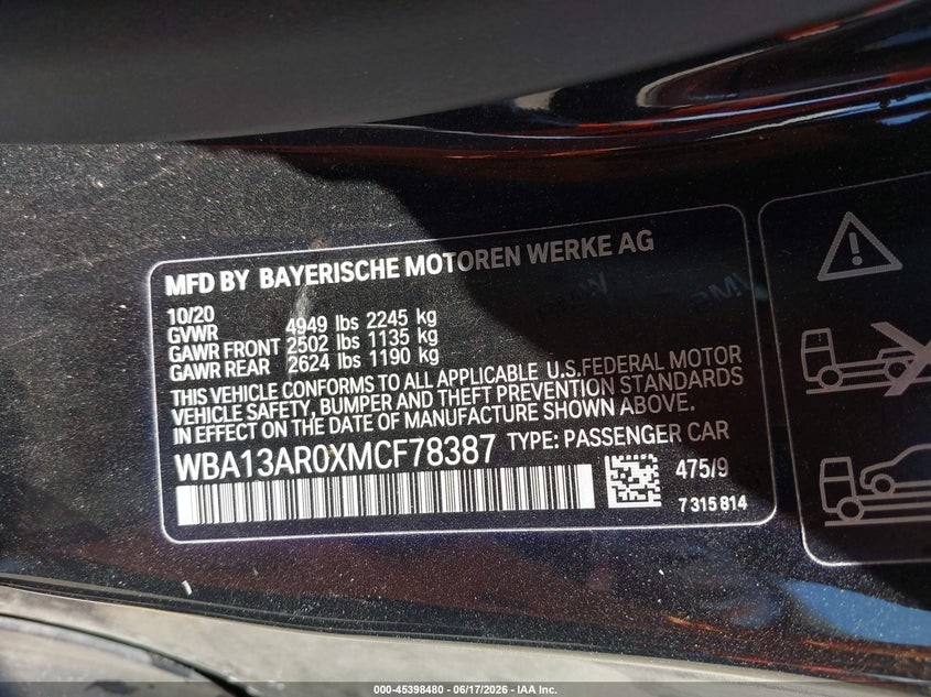 2021 BMW 4er VIN WBA13AR0XMCF78387 IAAI salvage auction — FRONT END, Salvage Title, sold $11,150 on 2026-08-12 (photo 9)