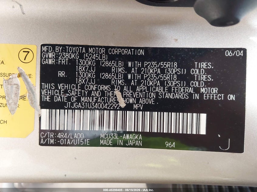 2004 Lexus Rx 330 VIN JTJGA31U340042292 IAAI salvage auction — NORMAL WEAR, Original (Texas), sold $1,600 on 2026-07-07 (photo 9)