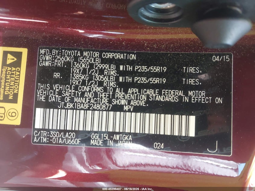 2015 Lexus Rx VIN JTJBK1BA8F2480877 IAAI salvage auction — LEFT REAR, Salvage - 75% Or Less (Maryland), sold $9,500 on 2026-07-14 (photo 9)