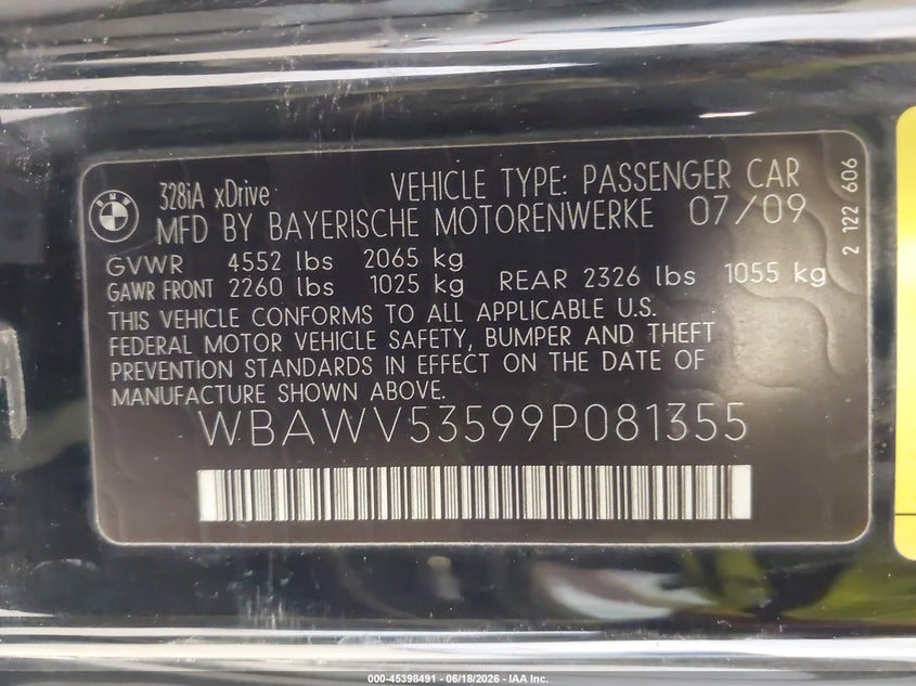 2009 BMW 3er VIN WBAWV53599P081355 IAAI salvage auction — NORMAL WEAR, Clear (Utah), sold $175 on 2026-07-20 (photo 9)
