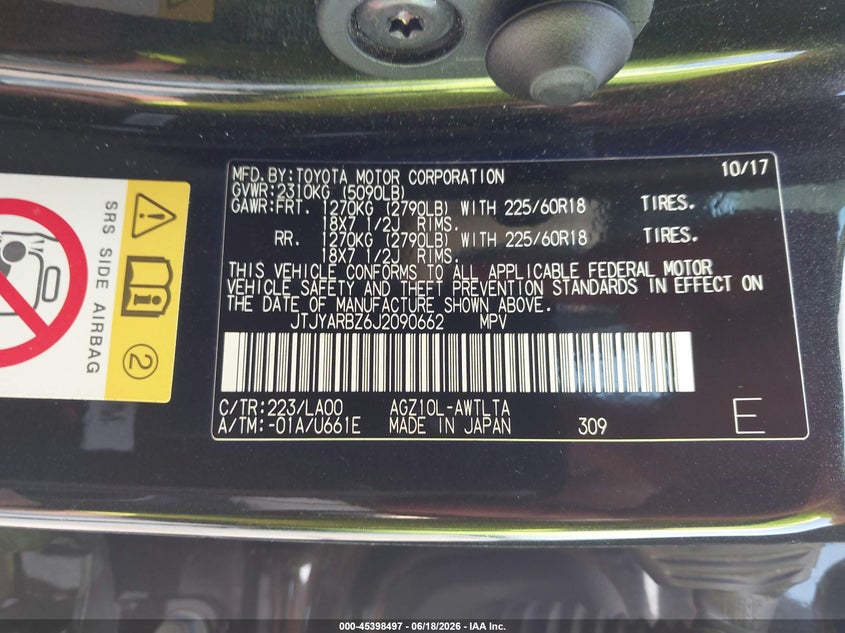 2018 Lexus Nx VIN JTJYARBZ6J2090662 IAAI salvage auction — HAIL, Original (Texas), sold $8,750 on 2026-07-24 (photo 9)