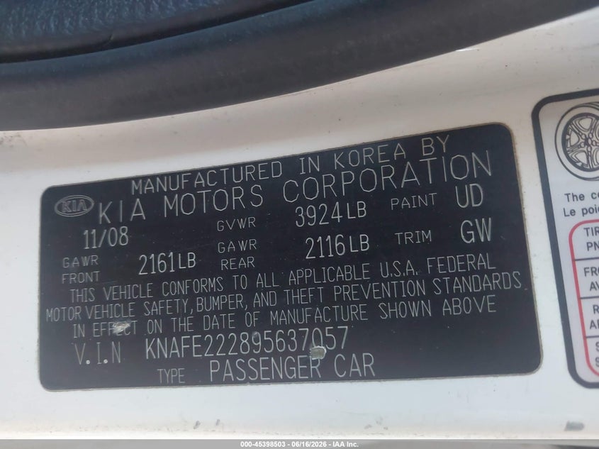 2009 Kia Spectra VIN KNAFE222895637057 IAAI salvage auction — LEFT FRONT, Salvage (California), sold $825 on 2026-07-07 (photo 9)