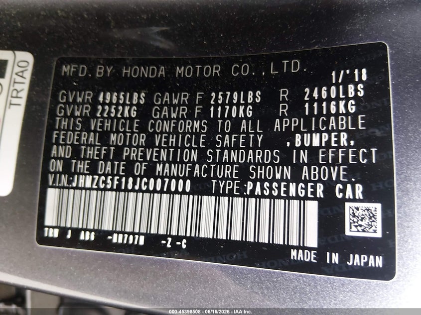 2018 Honda Clarity VIN JHMZC5F18JC007000 IAAI salvage auction — ALL OVER, Bill Of Sale (Washington), sold $575 on 2026-07-08 (photo 9)