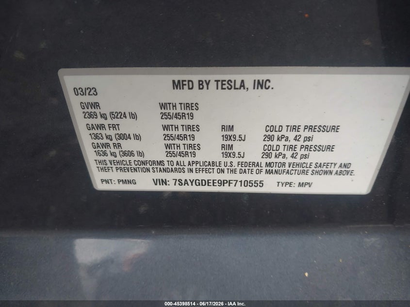 2023 Tesla Model y VIN 7SAYGDEE9PF710555 IAAI salvage auction — REAR END, Salvage (Georgia), sold $12,600 on 2026-07-29 (photo 9)