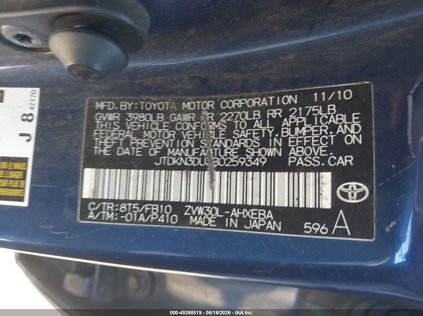 2011 Toyota Prius VIN JTDKN3DU3B0259349 IAAI salvage auction — NORMAL WEAR, Clear - Dealer Only (California), sold $1,200 on 2026-07-09 (photo 9)