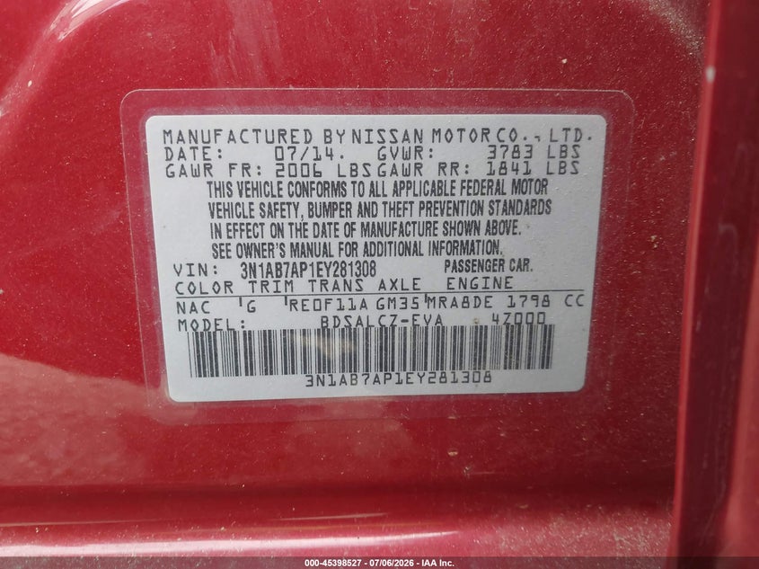 2014 Nissan Sentra VIN 3N1AB7AP1EY281308 IAAI salvage auction — REPOSSESSION, Salvage Title, sold $300 on 2026-10-21 (photo 9)