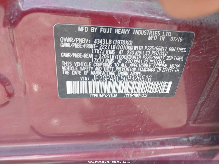 2016 Subaru Xv VIN JF2GPAKC5GH326526 IAAI salvage auction — FRONT END, Salvage Title, sold $1,950 on 2026-07-21 (photo 9)
