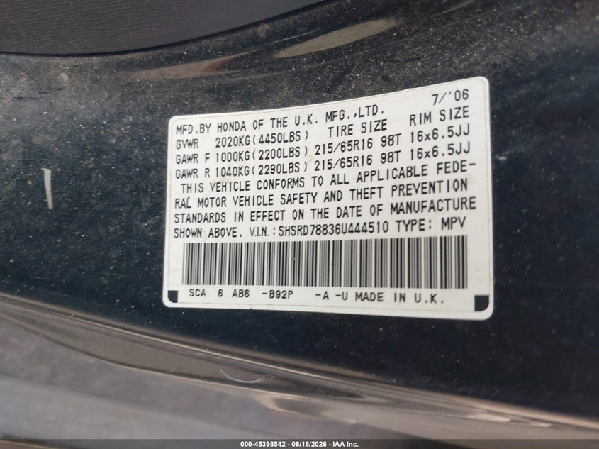 2006 Honda Cr-v VIN SHSRD78836U444510 IAAI salvage auction — REAR END, Salvage (North Carolina), sold $1,150 on 2026-07-15 (photo 9)