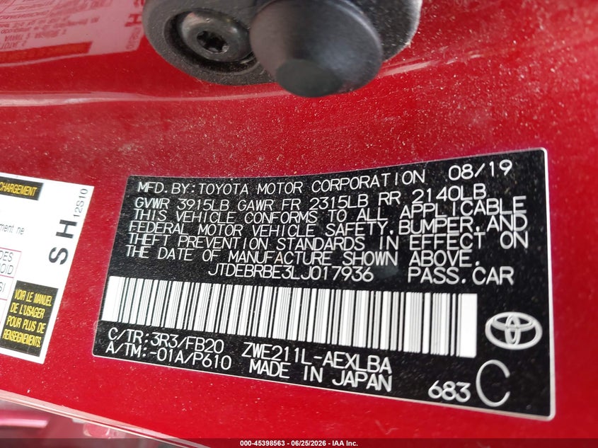 2020 Toyota Corolla VIN JTDEBRBE3LJ017936 IAAI salvage auction — FRONT END, Salvage (Indiana), sold $4,150 on 2026-07-29 (photo 9)