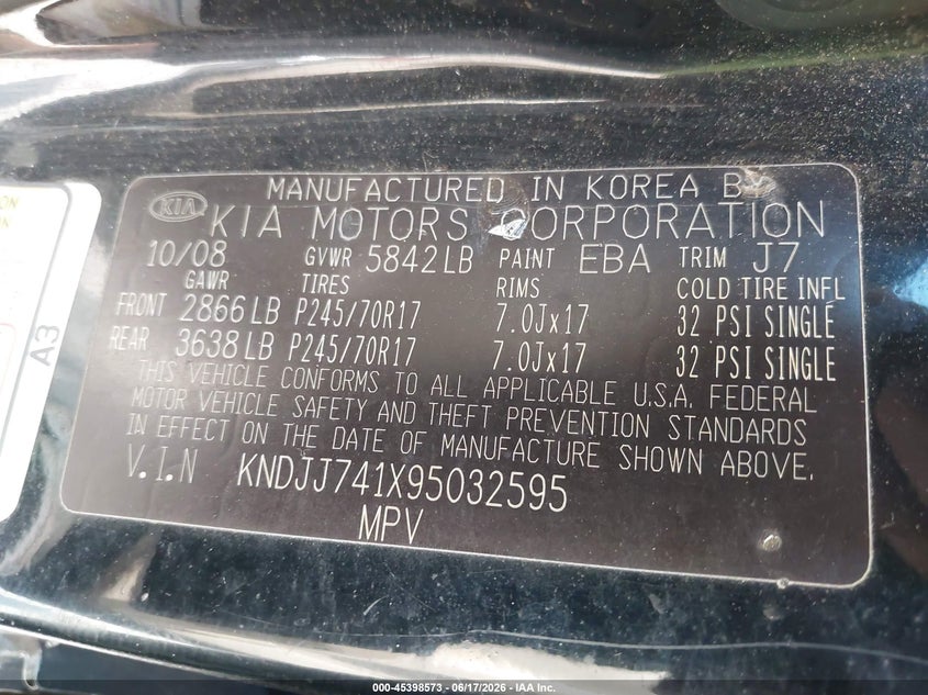 2009 Kia Mohave (borrego) VIN KNDJJ741X95032595 IAAI salvage auction — FRONT & REAR, Rebuildable (Florida), sold $425 on 2026-07-23 (photo 9)