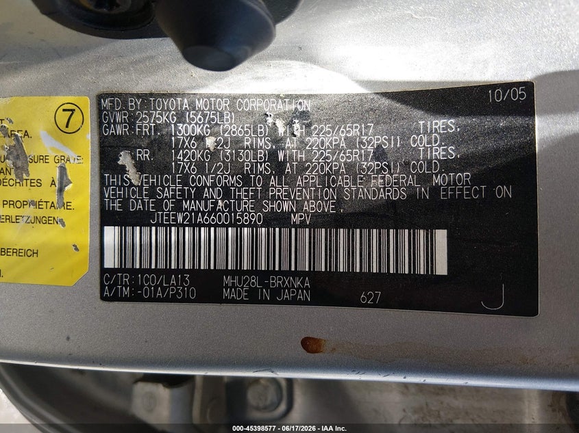 2006 Toyota Highlander hybrid VIN JTEEW21A660015890 IAAI salvage auction — FRONT END, Salvage (New Mexico), sold $25 on 2026-07-29 (photo 9)