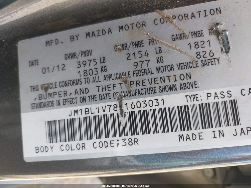 2012 Mazda 3 VIN JM1BL1V78C1603031 IAAI salvage auction — FRONT & REAR, Salvage Title, sold $750 on 2026-07-16 (photo 9)