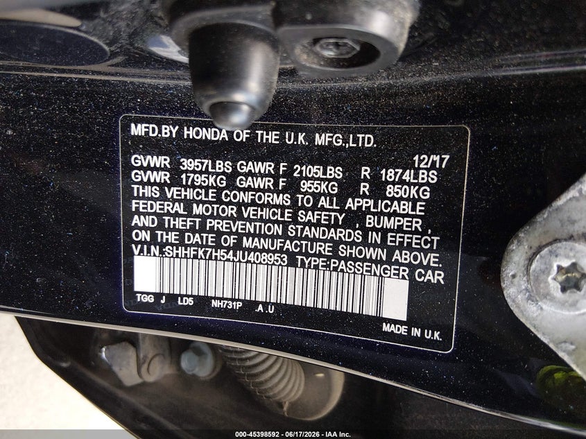 2018 Honda Civic VIN SHHFK7H54JU408953 IAAI salvage auction — REAR END, Salvage (New Jersey), sold $2,900 on 2026-07-27 (photo 9)