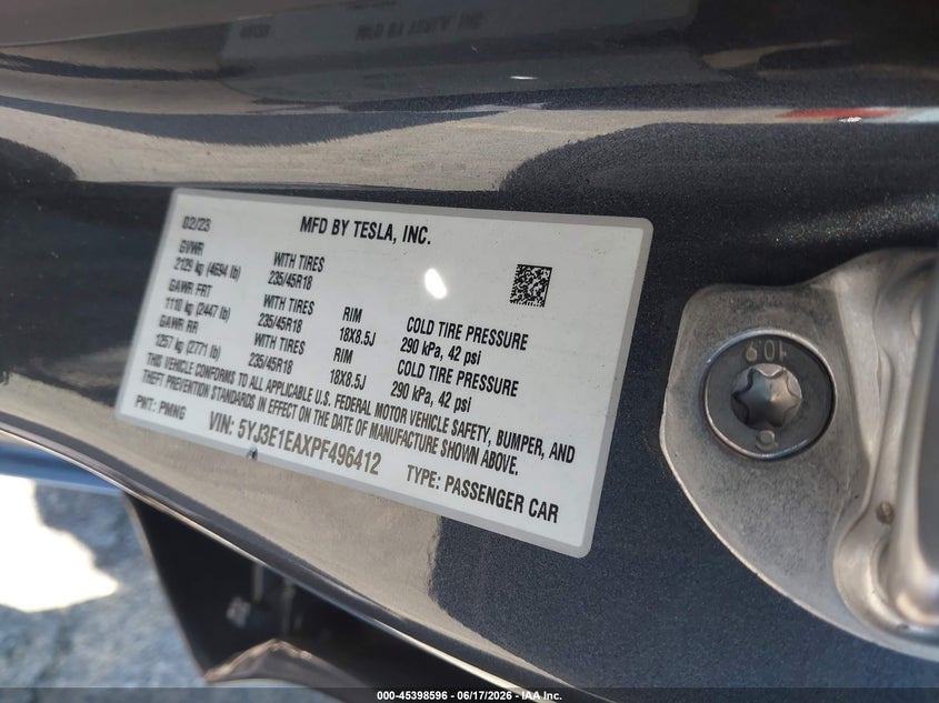 2023 Tesla Model 3 VIN 5YJ3E1EAXPF496412 IAAI salvage auction — REAR END, Salvage Title, sold $7,000 on 2026-07-29 (photo 9)