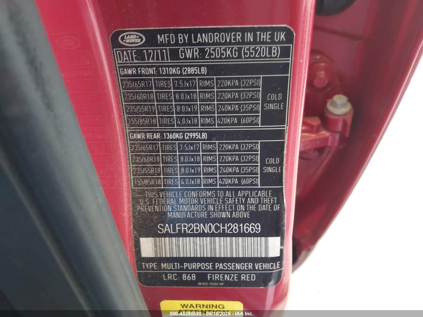 2012 Land rover Lr2 VIN SALFR2BN0CH281669 IAAI salvage auction — RIGHT SIDE, Salvage Title, sold $25 on 2026-08-16 (photo 9)
