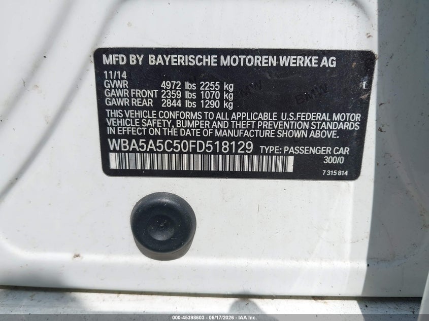 2015 BMW 5er VIN WBA5A5C50FD518129 IAAI salvage auction — NORMAL WEAR, Clear (Florida), sold $1,300 on 2026-07-29 (photo 9)