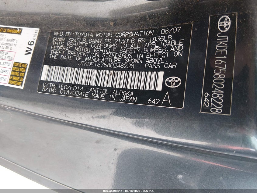 2008 Scion Tc VIN JTKDE167580248228 IAAI salvage auction — RIGHT FRONT, Original (Texas), sold $100 on 2026-07-22 (photo 9)