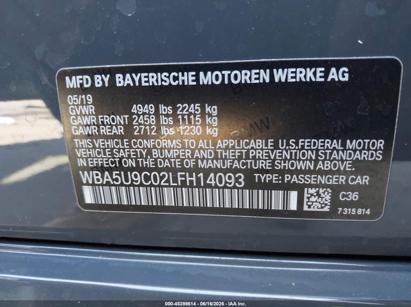 2020 BMW 3er VIN WBA5U9C02LFH14093 IAAI salvage auction — RIGHT FRONT, Salvage (Arizona), sold $19,000 on 2026-07-10 (photo 9)