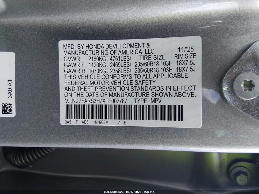 2026 Honda Cr-v VIN 7FARS3H7XTE002787 IAAI salvage auction — SIDE, Salvage (South Carolina), sold $12,100 on 2026-07-22 (photo 9)