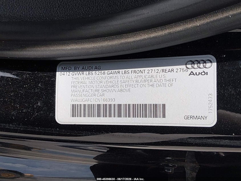 2012 Audi A6 VIN WAUJGAFC1CN166393 IAAI salvage auction — HAIL, Salvage (Illinois), sold $500 on 2026-07-28 (photo 7)