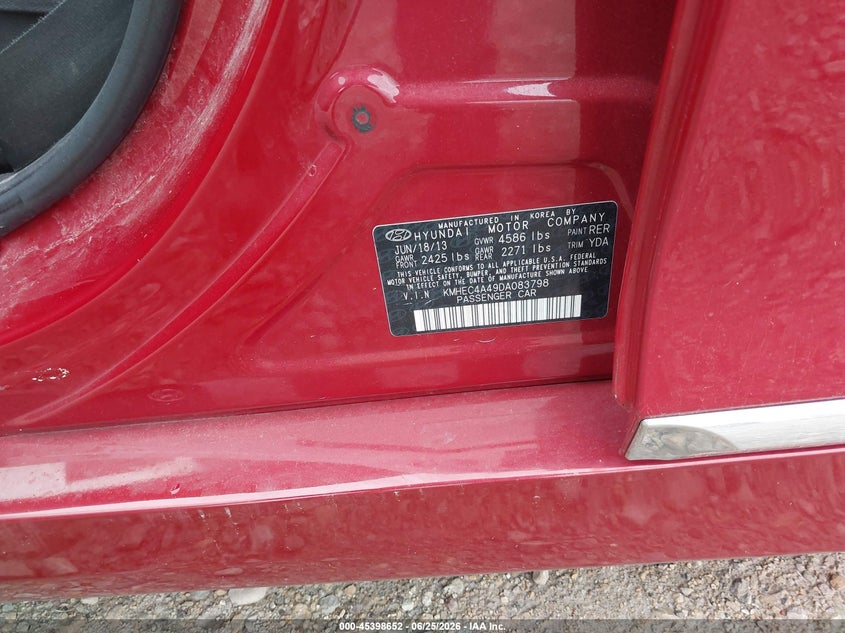 2013 Hyundai Sonata VIN KMHEC4A49DA083798 IAAI salvage auction — FRONT & REAR, Junk Bill Of Sale Mv2459 (Wisconsin), sold $275 on 2026-07-23 (photo 9)