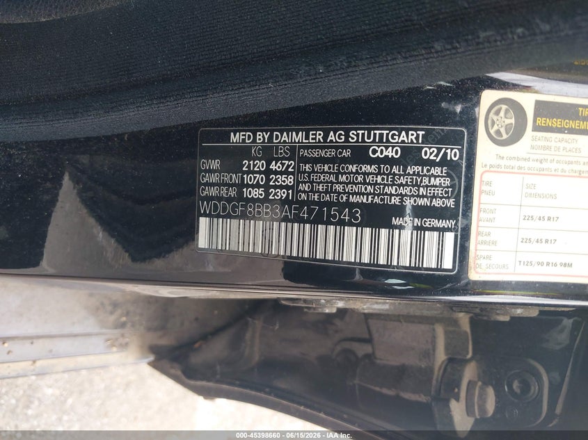 2010 Mercedes-benz C class VIN WDDGF8BB3AF471543 IAAI salvage auction — NORMAL WEAR, Clear (Tennessee), sold $500 on 2026-07-28 (photo 9)