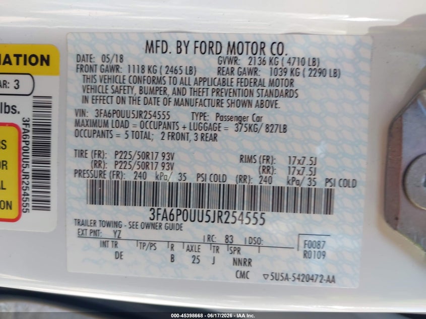 2018 Ford Fusion VIN 3FA6P0UU5JR254555 IAAI salvage auction — NORMAL WEAR, Sf97 (California), sold $9,600 on 2026-07-29 (photo 9)