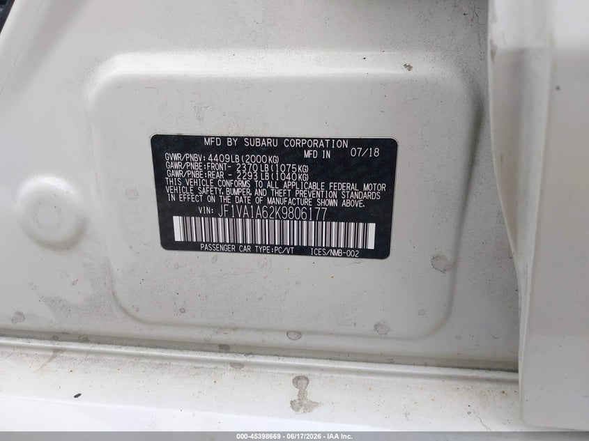 2019 Subaru Wrx VIN JF1VA1A62K9806177 IAAI salvage auction — FRONT END, Salvage (Massachusetts), sold $625 on 2026-07-28 (photo 9)