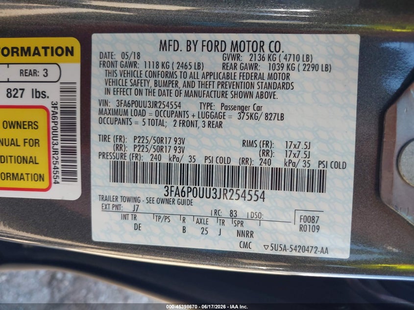 2018 Ford Fusion VIN 3FA6P0UU3JR254554 IAAI salvage auction — NORMAL WEAR, Sf97 (California), sold $9,100 on 2026-07-29 (photo 9)