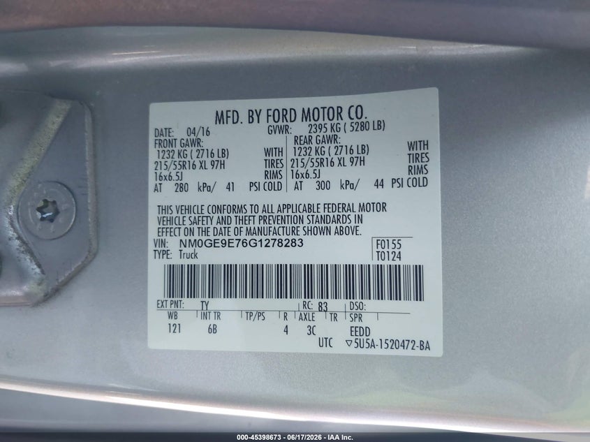 2016 Ford Transit connect VIN NM0GE9E76G1278283 IAAI salvage auction — NORMAL WEAR, SF97 (California), sold $10,100 on 2026-07-29 (photo 9)