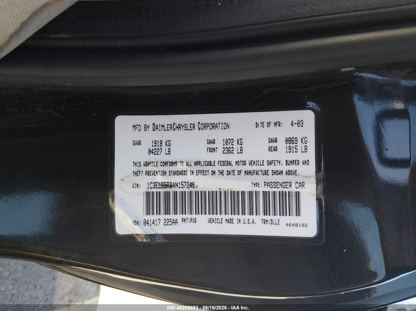 2004 Chrysler Sebring VIN 1C3EL65R84N157246 IAAI salvage auction — FRONT END, Salvage - Greater Than 75% (Maryland), sold $275 on 2026-07-09 (photo 9)