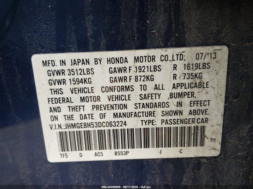 2013 Honda Fit VIN JHMGE8H53DC063224 IAAI salvage auction — NORMAL WEAR, Original (Ohio), sold $650 on 2026-07-15 (photo 9)
