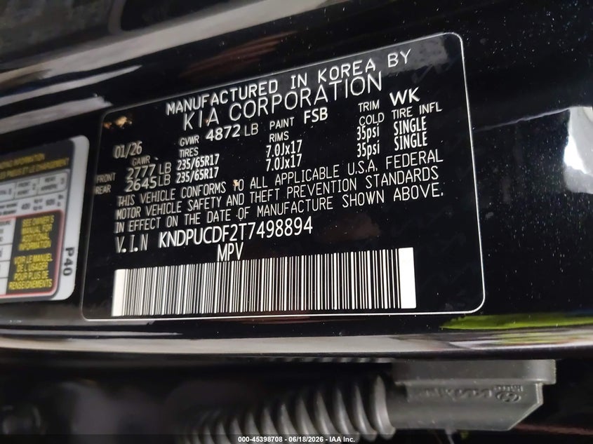 2026 Kia Sportage VIN KNDPUCDF2T7498894 IAAI salvage auction — STORM DAMAGE, Salvage Title, sold $4,300 on 2026-07-22 (photo 9)