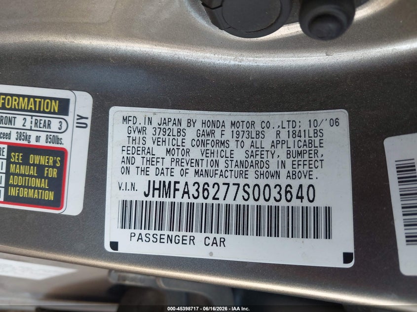 2007 Honda Civic hybrid VIN JHMFA36277S003640 IAAI salvage auction — FRONT END, Clear (Arizona), sold $25 on 2026-07-21 (photo 9)