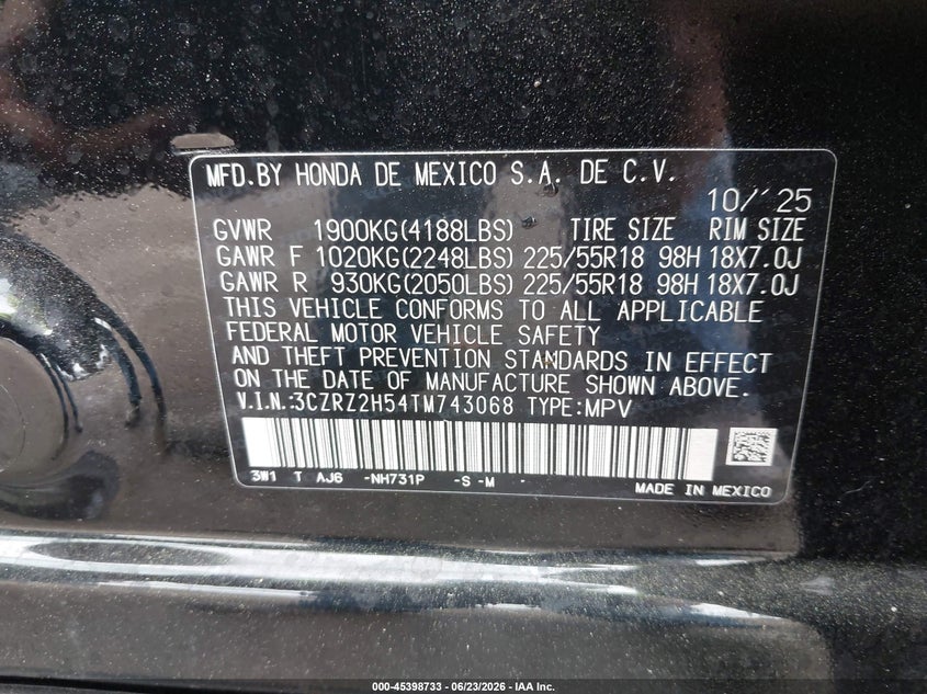 2026 Honda Hr-v VIN 3CZRZ2H54TM743068 IAAI salvage auction — FRONT END, Salvage Title, sold $7,600 on 2026-07-29 (photo 9)