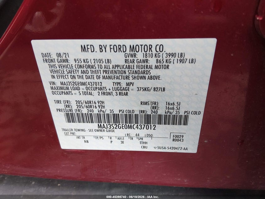 2021 Ford Ecosport VIN MAJ3S2GE0MC437012 IAAI salvage auction — FRONT END, Salvage (Ohio), sold $2,050 on 2026-07-09 (photo 9)