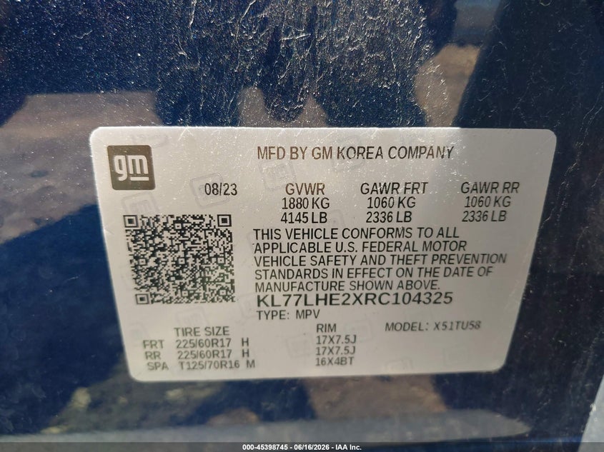 2024 Chevrolet Trax VIN KL77LHE2XRC104325 IAAI salvage auction — REAR END, Salvage Title, sold $1,750 on 2026-07-22 (photo 9)