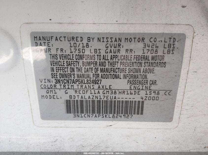 2019 Nissan Versa VIN 3N1CN7AP5KL824927 IAAI salvage auction — FRONT END, Bill Of Sale (Washington), sold $600 on 2026-07-09 (photo 9)