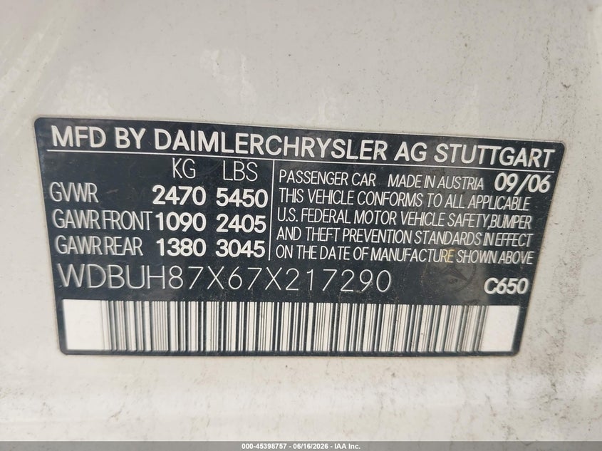 2007 Mercedes-benz E-klasse VIN WDBUH87X67X217290 IAAI salvage auction — LEFT FRONT, Clear (Massachusetts), sold $425 on 2026-07-31 (photo 9)
