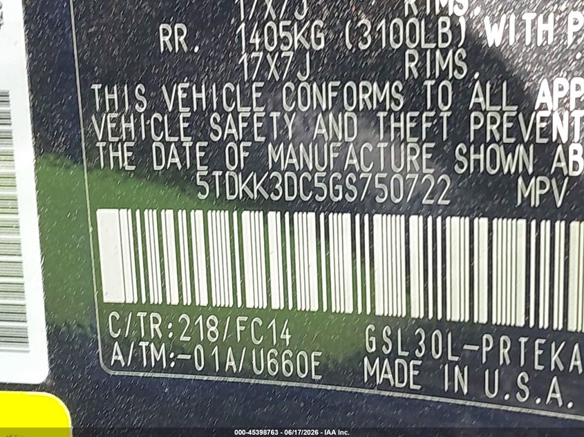 2016 Toyota Sienna VIN 5TDKK3DC5GS750722 IAAI salvage auction — RIGHT SIDE, Salvage (Virginia), sold $2,100 on 2026-07-28 (photo 9)