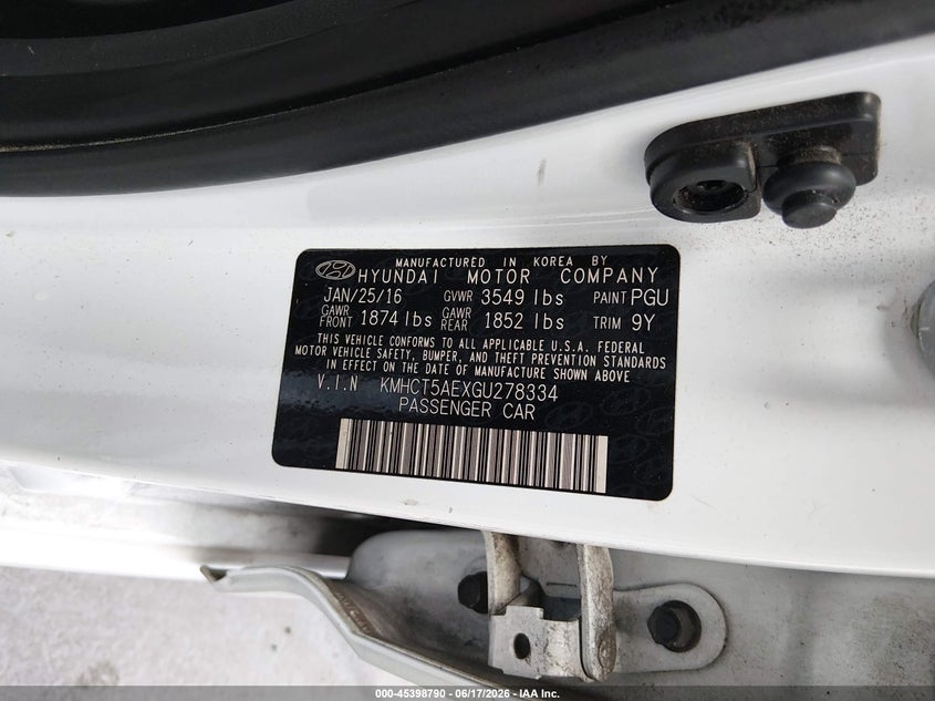 2016 Hyundai Accent VIN KMHCT5AEXGU278334 IAAI salvage auction — NORMAL WEAR, Clear (Montana), sold $725 on 2026-07-15 (photo 9)