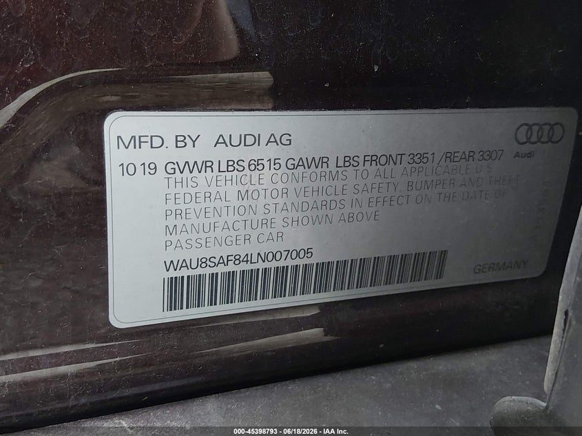 2020 Audi S8 VIN WAU8SAF84LN007005 IAAI salvage auction — FRONT END, Salvage (Kentucky), sold $18,900 on 2026-08-01 (photo 9)
