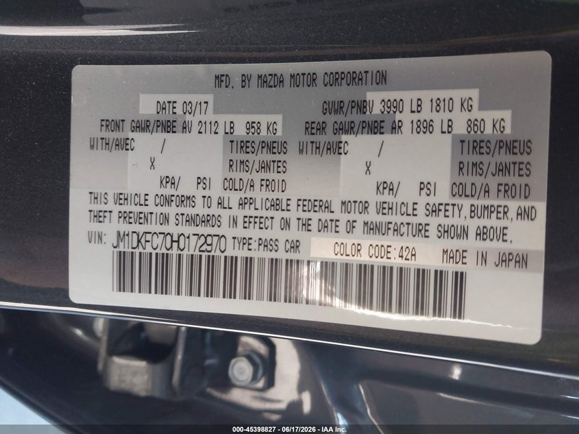 2017 Mazda Cx-3 VIN JM1DKFC70H0172970 IAAI salvage auction — FRONT END, Salvage (North Carolina), sold $1,000 on 2026-07-22 (photo 9)
